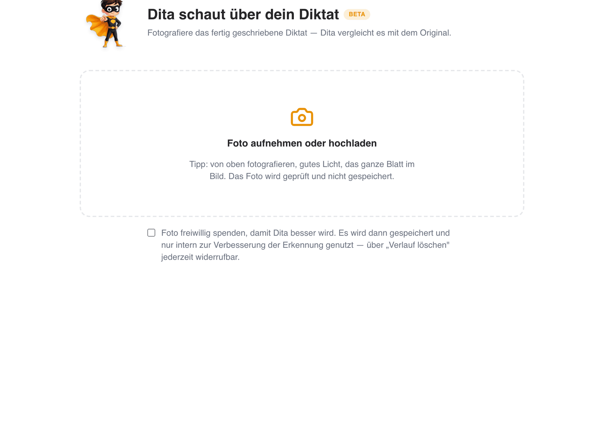 Foto-Korrektur bei Diktatheld: Foto aufnehmen oder hochladen