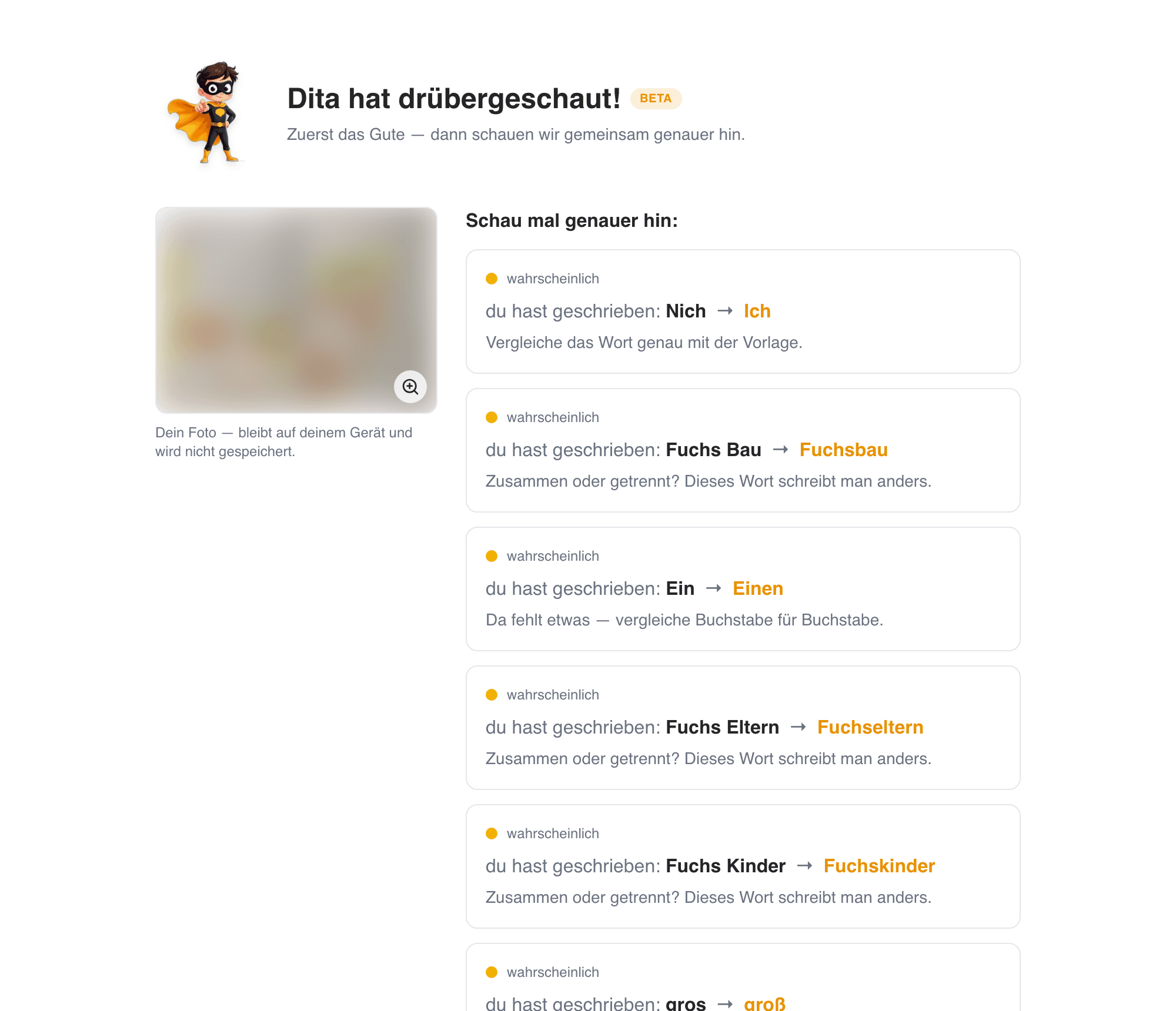 Korrektur-Ergebnis: Dita erklärt jeden Fehler mit der passenden Rechtschreib-Regel (Foto verpixelt — es wird nicht gespeichert)