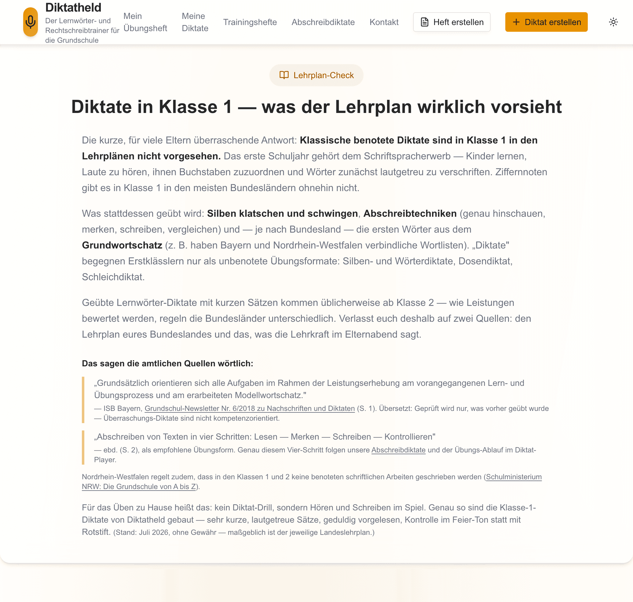 Lehrplan-Check auf diktatheld.de: Diktate in Klasse 1 — was der Lehrplan wirklich vorsieht