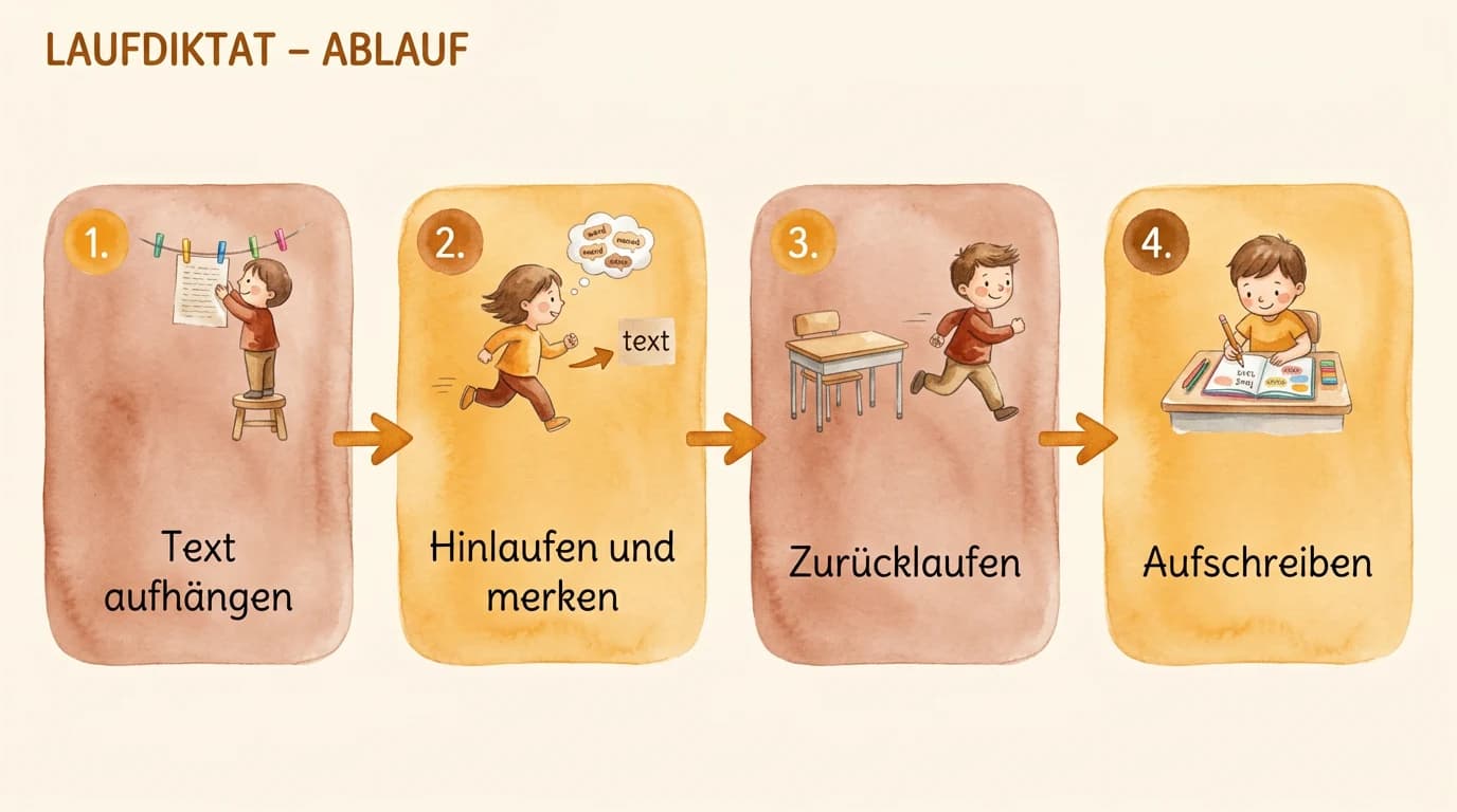 Ablauf eines Laufdiktats in 4 Schritten: 1. Text aufhängen, 2. Hinlaufen und merken, 3. Zurücklaufen, 4. Aufschreiben.