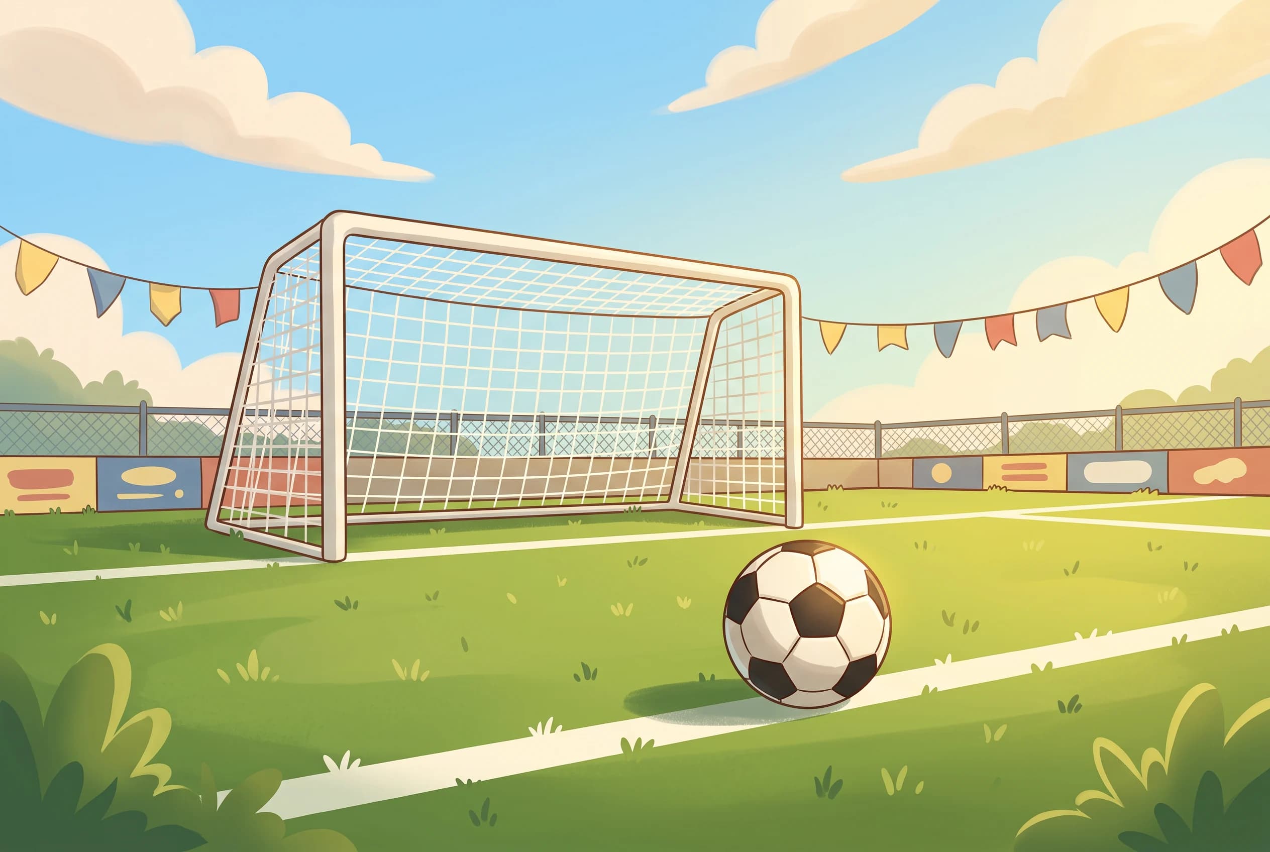 Fußball liegt auf dem Rasen eines sonnigen Fußballplatzes vor dem Tor