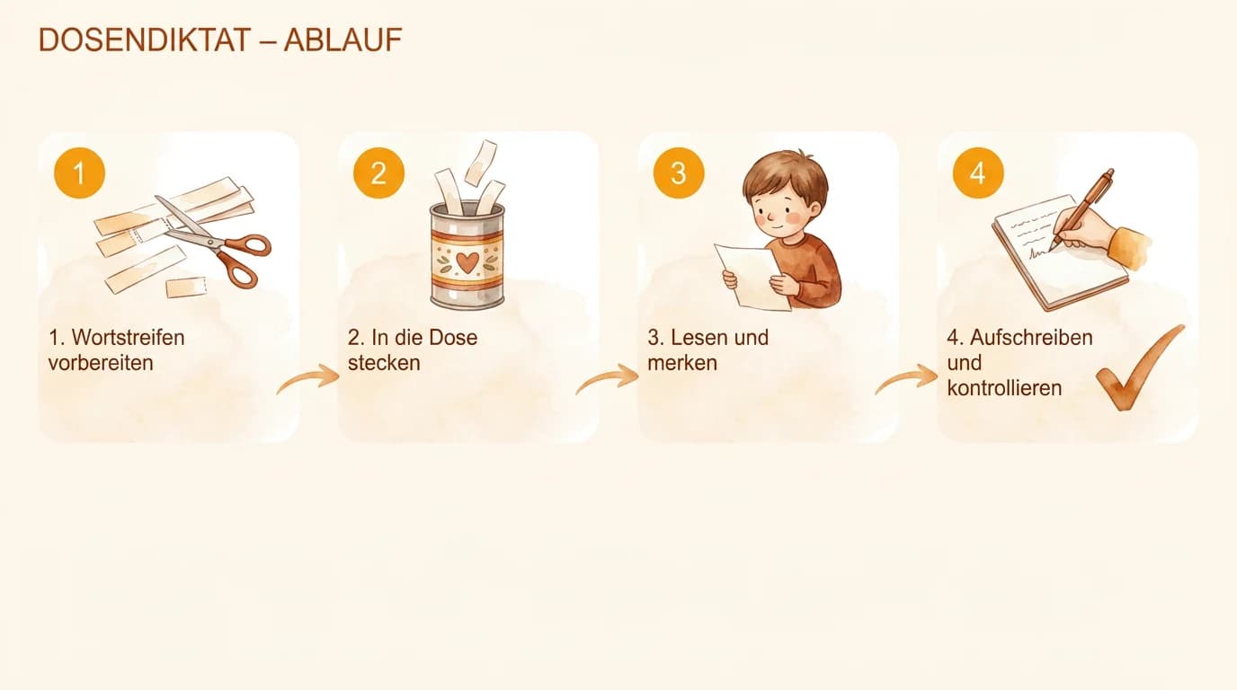 Ablauf eines Dosendiktats in 4 Schritten: 1. Wortstreifen vorbereiten, 2. In die Dose stecken, 3. Lesen und merken, 4. Aufschreiben und kontrollieren.