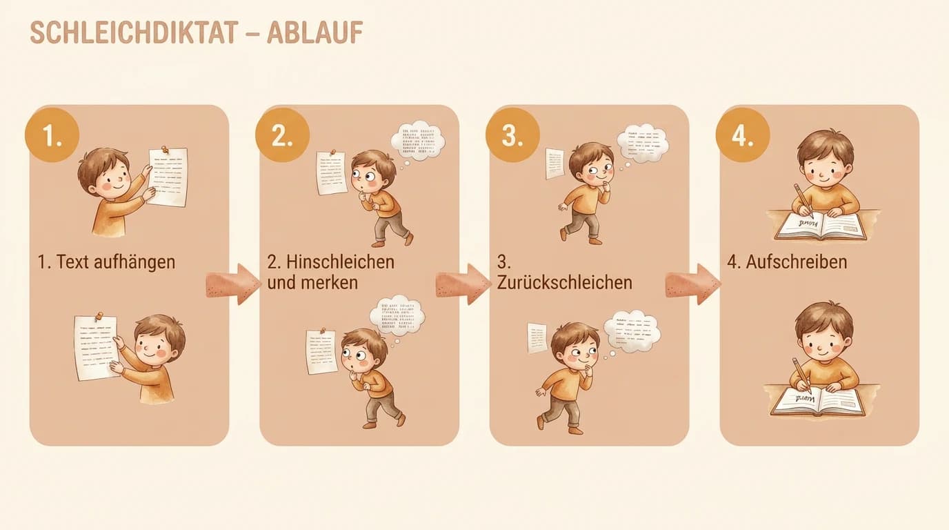 Ablauf eines Schleichdiktats in 4 Schritten: 1. Text aufhängen, 2. Hinschleichen und merken, 3. Zurückschleichen, 4. Aufschreiben.