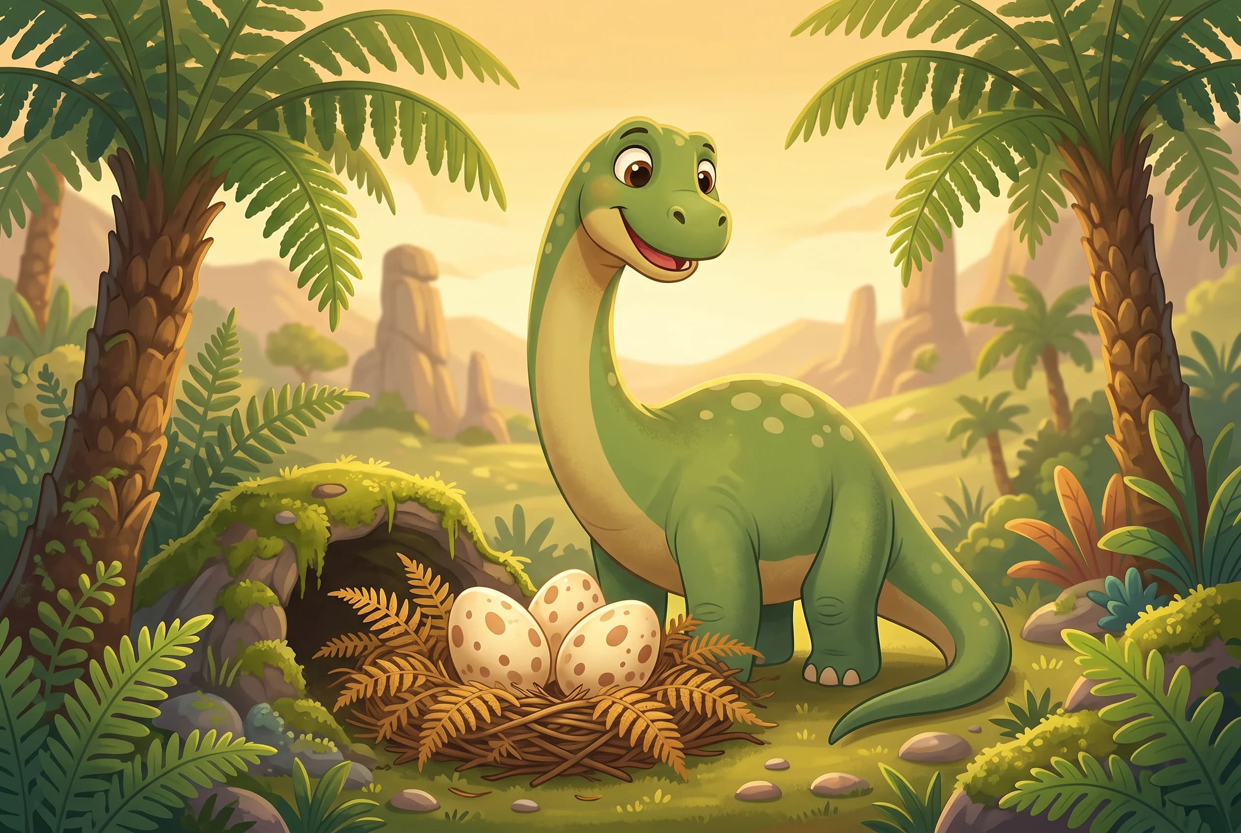 Freundlicher Langhals-Dinosaurier bewacht sein Nest mit drei gepunkteten Eiern