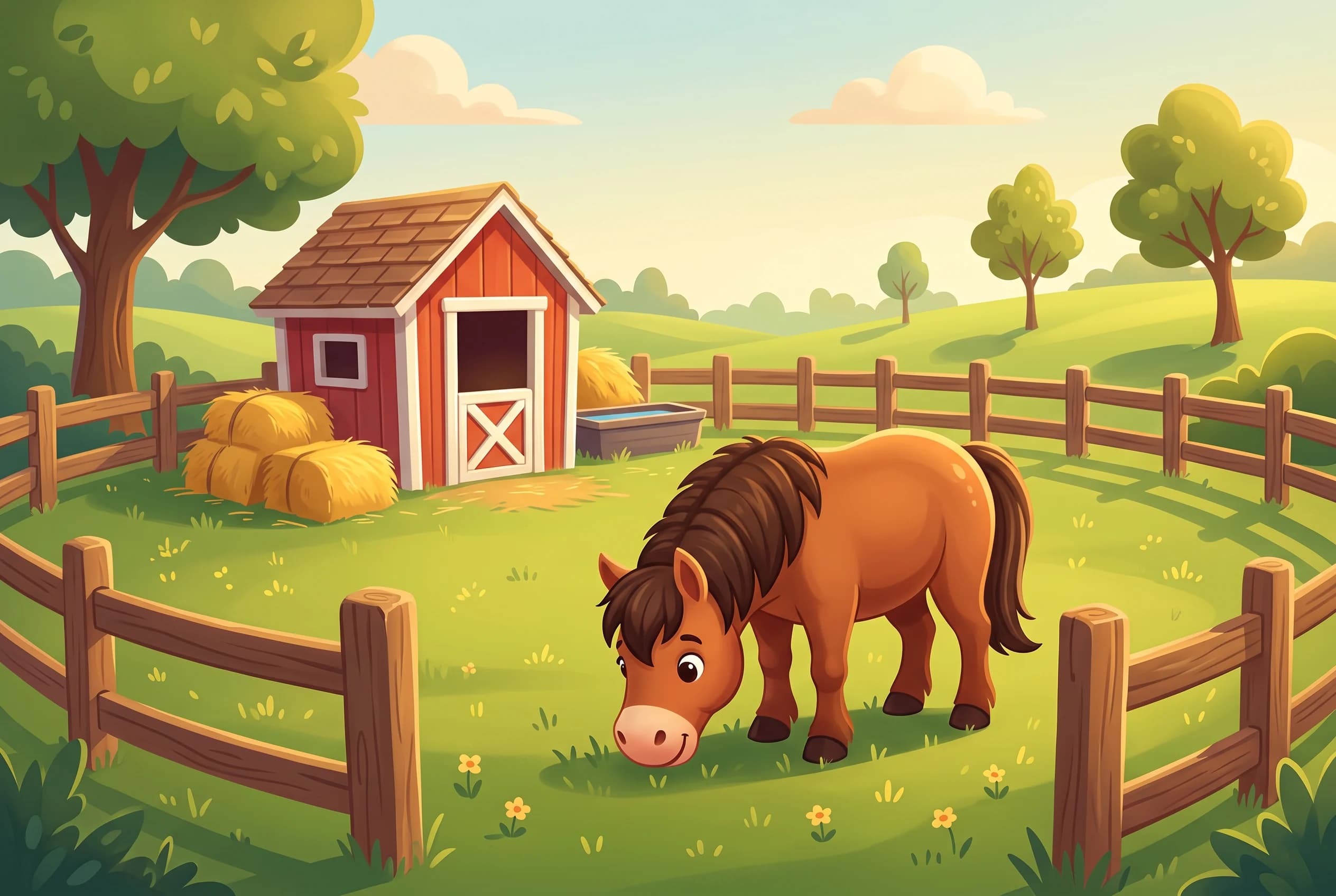 Pony grast auf einer sonnigen Koppel vor einem kleinen roten Stall