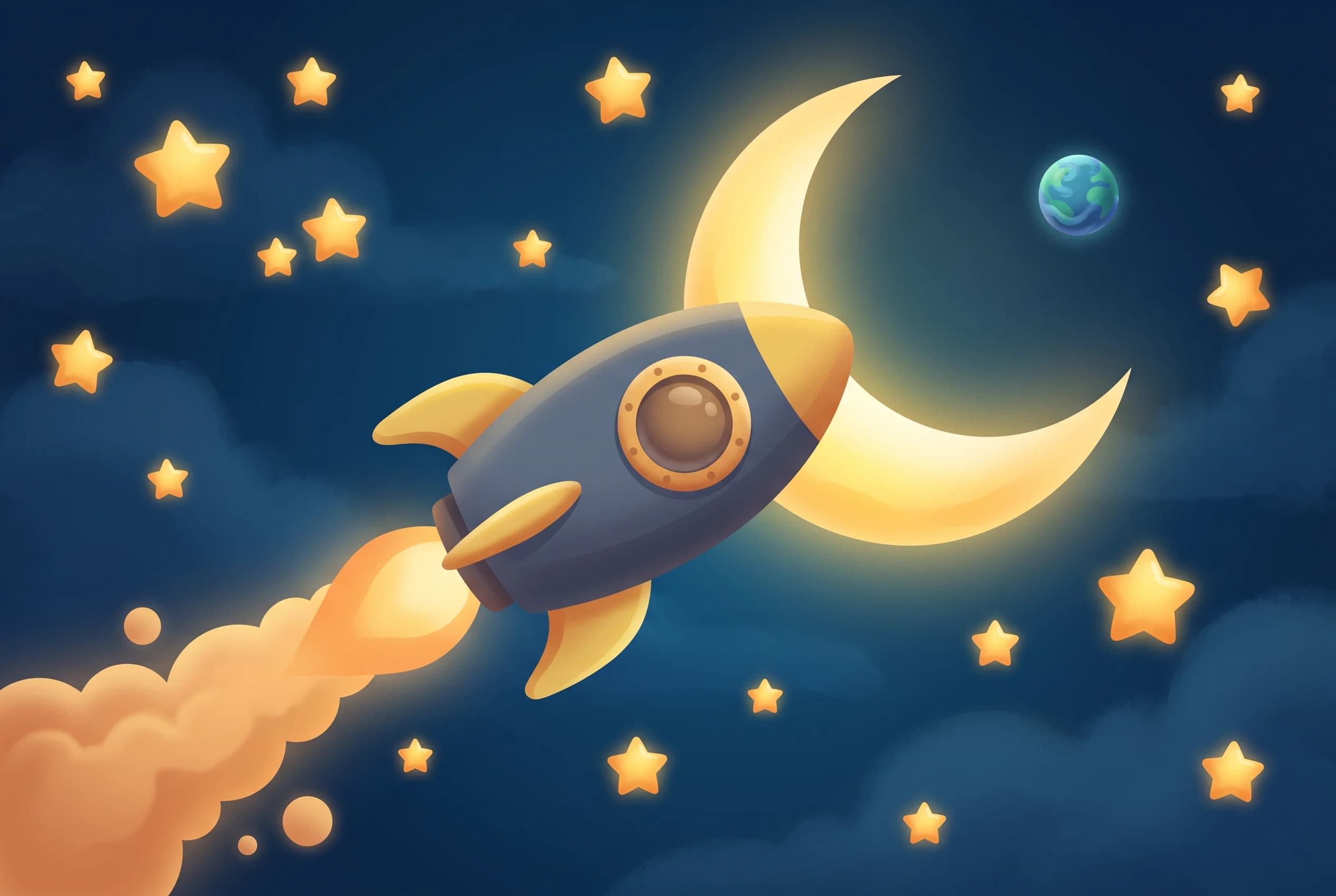Kleine Rakete fliegt am leuchtenden Mond und goldenen Sternen vorbei