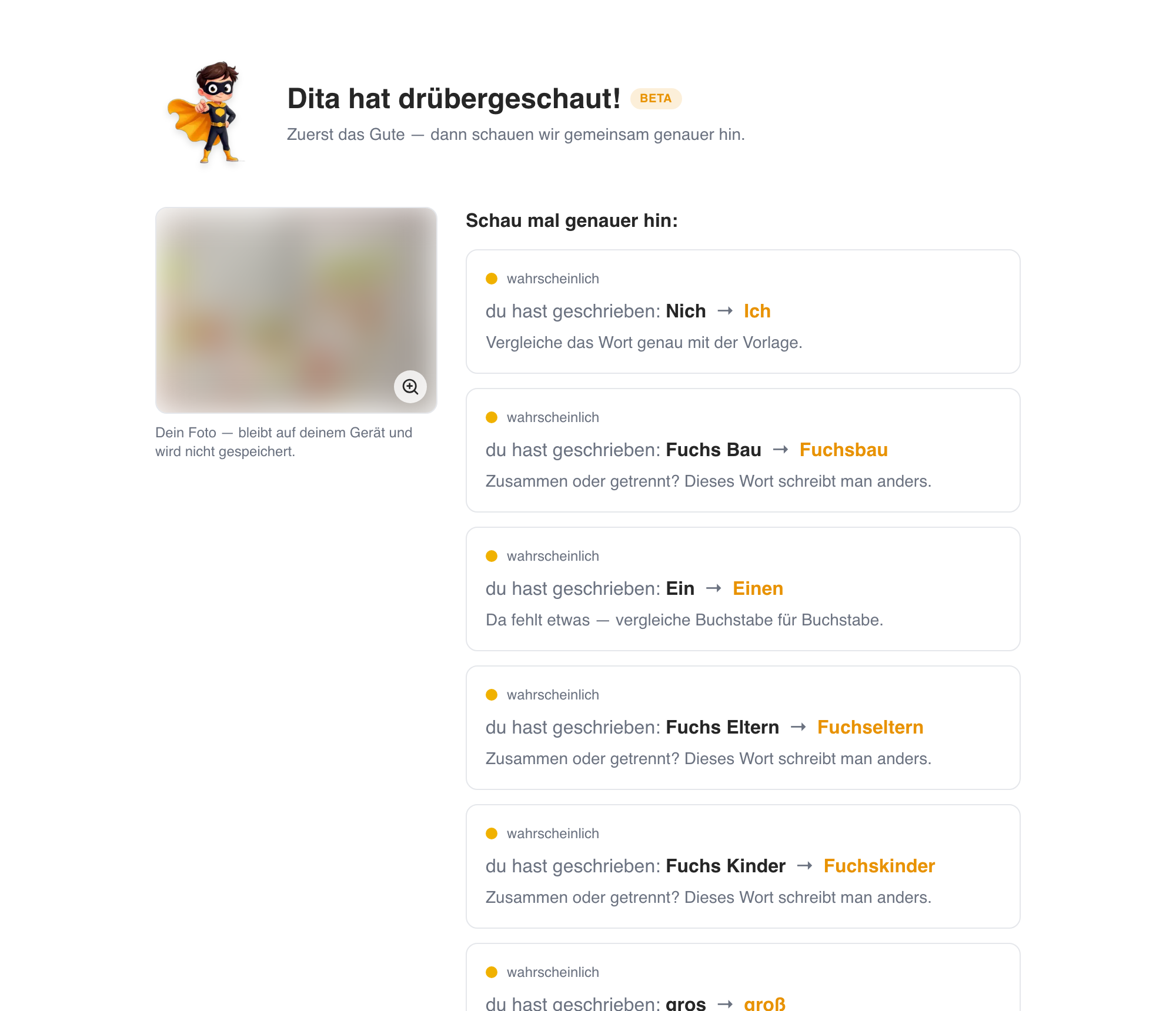 Korrektur-Ergebnis: Dita erklärt jeden Fehler mit der passenden Rechtschreib-Regel (das Kinderfoto wird nicht gespeichert und ist hier verpixelt)